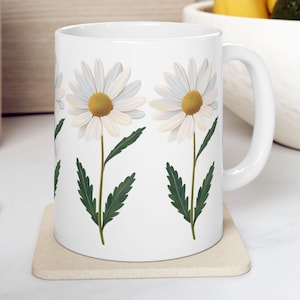 White Daisy Coffee Mug - Floral Ceramic Cup - Nature-Inspired Tea Mug - Gift for Flower Lovers, Coffee Drinkers, Tea Lovers - 11oz, 15oz