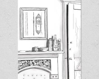 Vintage Fireplace Drawing Print: Architectural Wall Art Decor
