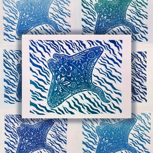 Manta Ray Print - Ocean Linocut Artwork - Beach House Decor - Marine Animal Wall Art - Hand-Carved Relief Print 6x5