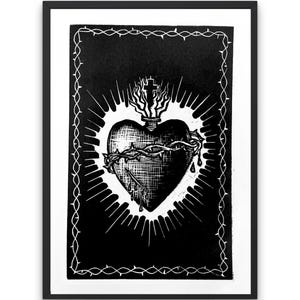 Sacred Heart of Jesus Linoleum Art Print - Heart Relief Print - Christian Home Printmaking Decor - Heart Art Decor - Hand-Carved Print 5x7