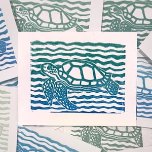 Sea Turtle Linocut Print - Ocean Animal Linocut - Coastal Wall Art - Marine Life Home Decor - Hand-Carved Turtle Relief Print 4x5