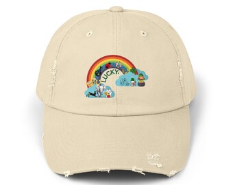 Lucky Rainbow Distressed Cap: Unisex-Mütze aus Baumwolltwill