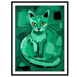 Matisse Inspired Cat Green Print - Wall Art Green Matisse Wall Art - Abstract Cat Illustration