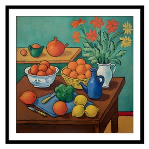 Still Life Painting of Henri Matisse Inspired Wall Art Print with Fruit and Flowers