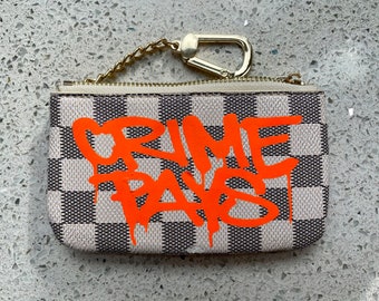 CRIME PAYS Neon Orange Checkered Zip Wallet Keychain Pouch with Gold Hardware by Mel One - PREORDER Free Shipping in the U.S.A.