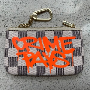 CRIME PAYS Neon Orange Checkered Zip Wallet Keychain Pouch with Gold Hardware by Mel One PREORDER Free Shipping in the U.S.A. image 2