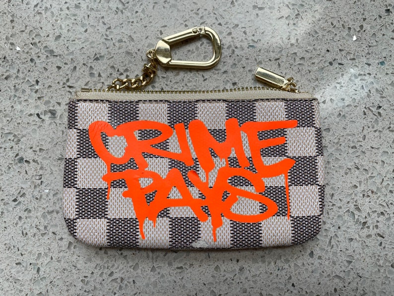 CRIME PAYS Neon Orange Checkered Zip Wallet Keychain Pouch with Gold Hardware by Mel One PREORDER Free Shipping in the U.S.A. image 2