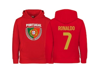 Felpa con cappuccio per bambini con bandiera portoghese Ronaldo #7 - Abbigliamento per tifosi di calcio giovanili