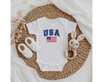 Body de bebé con la bandera de EE. UU. / Body personalizado con nombre y número / Conjunto para bebé 100 % algodón