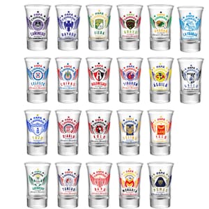 May include: A collection of clear shot glasses, each featuring a different team logo and the words "Papa Chingo" in a decorative font. The logos are in various colors and designs, representing different sports teams.