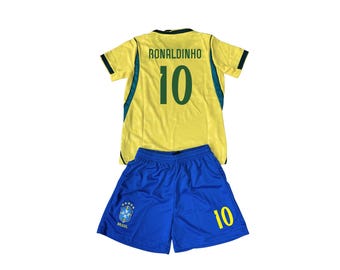 Completo da calcio per bambini Brasile Ronaldinho #10 / Maglia e pantaloncini per ragazzi / Abbigliamento per tifosi di calcio Mondiali 2026