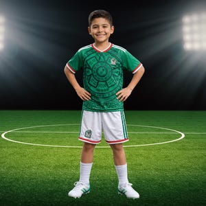 May include: A young person wearing a green and white soccer uniform with the Mexican flag emblem. The jersey features a circular Aztec calendar design. The shorts are white with green stripes. The person is standing on a green soccer field.