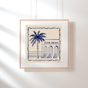 Minimalistyczny wydruk artystyczny Beachy - tropikalny plakat cyfrowy na ścianę Blue Beach Club