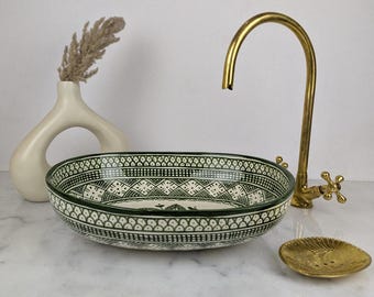 Handmade Moroccan Ceramic Vessel Sink – Green & White Oval with Brass Details