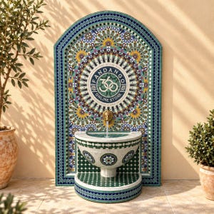 May include: An arched wall fountain featuring intricate geometric mosaic tiles in shades of blue, green, yellow, and white. A central circular emblem displays the text FANDANGO 360 ONLINE STORE. A brass lion head spout sits above a semi-circular basin.