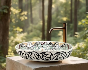 Lavabo-vasque marocain en céramique fait main - Motif floral ovale vert et noir