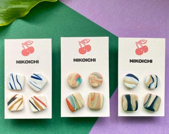 Polymer Clay Stud Earrings Set, Modern Boho Chic, 2 Pairs