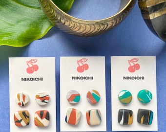 Polymer Clay Stud Earrings Set of 2 Pairs, Colorful & Playful Handmade Jewelry