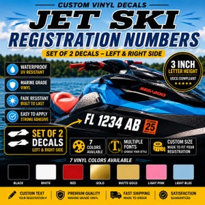 以下が含まれることがあります： ジェットスキー登録番号用のカスタムビニールデカール。左右両面用のデカール2枚セットで、文字の高さは3インチです。防水・耐UV性のマリングレードビニール製で、7色から選択可能です。