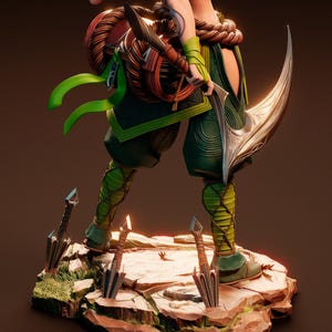 May include: A green and brown figurine of a warrior with a large curved blade and a green sash. The figurine is standing on a rocky base with several throwing knives sticking out of the base.