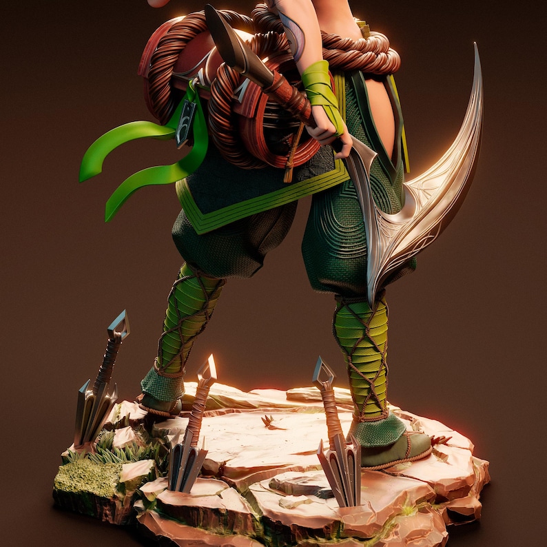 May include: A green and brown figurine of a warrior with a large curved blade and a green sash. The figurine is standing on a rocky base with several throwing knives sticking out of the base.
