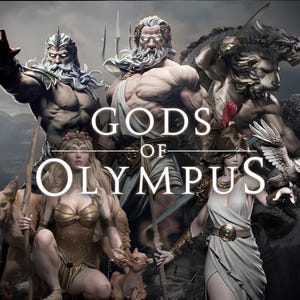 May include: A group of statues depicting Greek gods and goddesses, including Zeus, Athena, and a winged creature. The statues are made of a light gray material and are set against a dark gray background. The text "Gods of Olympus" is displayed in the center of the image.