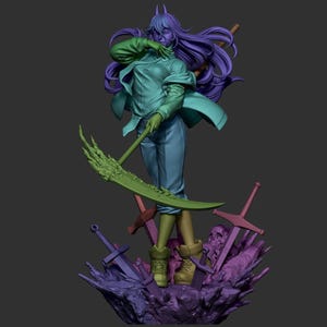 K&ouml;nnte beinhalten: Eine 3D-gedruckte Figur einer weiblichen Figur mit lila Haaren, die ein blaues Hemd und Jeans tr&auml;gt und eine gr&uuml;ne Sense mit einer skelettartigen Hand h&auml;lt. Die Figur steht auf einem felsigen Sockel mit Schwertern und Sch&auml;deln.