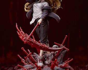 May include: A female figure with red horns and long blonde hair stands on a rocky base covered in blood. She wears a white shirt, a black jacket, and black pants. She holds a large, bloody scythe in her right hand. The background is a dark red.