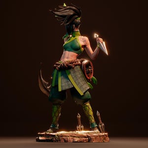 May include: A green and brown action figure of a female character with long black hair, wearing a green and brown outfit and holding a silver knife. The figure is standing on a brown base with green accents.