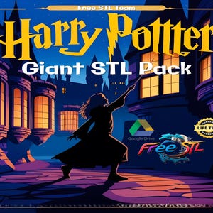 Op de afbeelding: Een digitale illustratie van een silhouet van een persoon die een toverstaf vasthoudt voor een donkerblauwe achtergrond met een stadsbeeld van gebouwen met verlichte ramen. De tekst "Harry Potter Giant STL Pack" staat in gele letters op een blauwe achtergrond. De tekst "Free STL Team" staat in witte letters op een blauwe achtergrond. De tekst "Google Drive" staat in witte letters op een groene achtergrond. De tekst "Free STL" staat in blauwe, witte en rode letters op een blauwe achtergrond. De tekst "Warranty Life Time" staat in witte letters op een rode achtergrond.