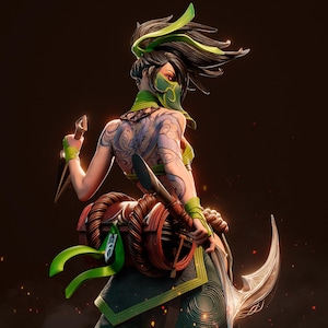 May include: A female figure with green hair and a green mask, wearing a green and brown outfit with a large sword and a smaller knife. She has tattoos on her back and is posed in a dynamic action pose.