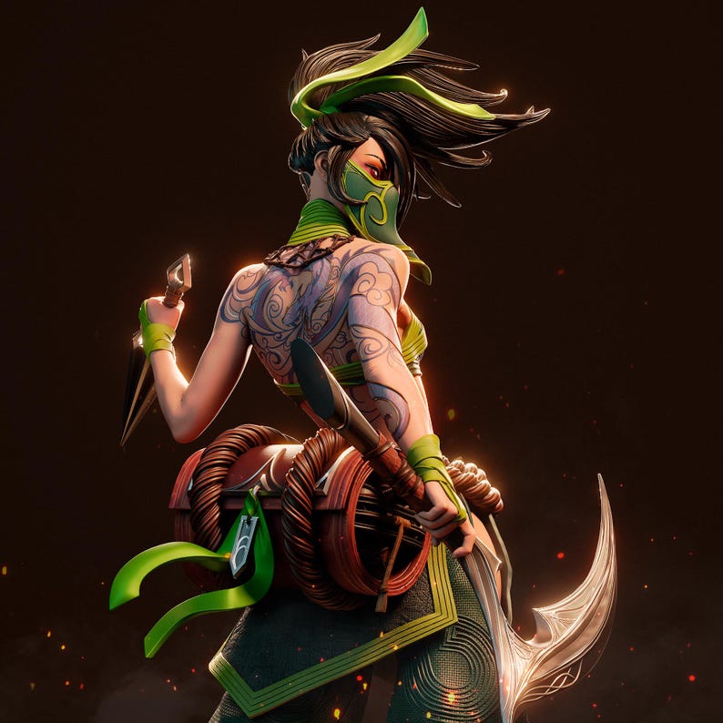 May include: A female figure with green hair and a green mask, wearing a green and brown outfit with a large sword and a smaller knife. She has tattoos on her back and is posed in a dynamic action pose.