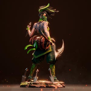 May include: A green and black action figure of a female character with a green mask, green hair, and a green and black outfit. She is holding a sword in her right hand and a dagger in her left hand. She is standing on a rocky base with a green and black background.
