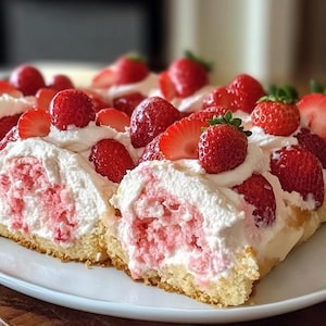 Op de afbeelding: Een aardbeienrolcake met slagroom en verse aardbeien. De cake is gesneden en klaar om te serveren.