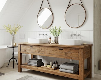 Reclaimed Wood Bathroom Floating Vanity with Drawers Rustic Handmade Farmhouse Double Sink Vanity with Drawers for Rustic Bathrooms