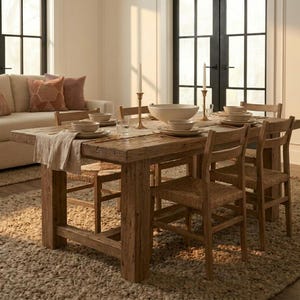 May include: A rectangular wooden dining table with a rustic finish, featuring four wooden chairs with woven seats. The table is set with ceramic bowls, plates, a large central serving bowl, two tall brass candlesticks, and a linen table runner.