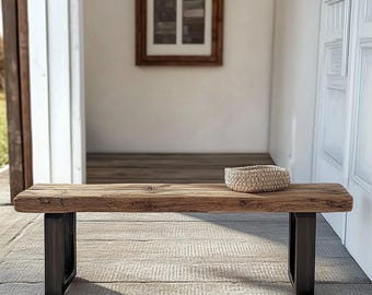 Rustic Entryway Bench Reclaimed Wood Bench for Entryway Hallway Seat Metal Legs Small Bench Farmhouse Foyer Bench Custom Size Mudroom Bench