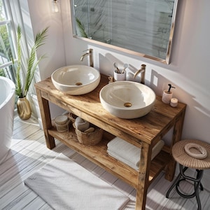 Mobile bagno in legno rustico Mobile bagno con lavabo naturale personalizzato, Mobile bagno con lavabo singolo fatto a mano con legno di recupero