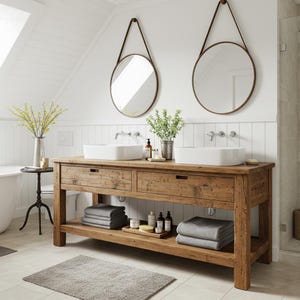 Reclaimed Wood Bathroom Floating Vanity with Drawers Rustic Handmade Farmhouse Double Sink Vanity with Drawers for Rustic Bathrooms