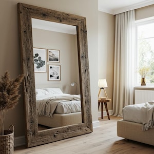 Reclaimed Wood Wall Mirror for Bedroom Mirror Large Rustic Wood Mirror Full Length Floor Mirror Bedroom Wall Decor Farmhouse Mirror image 1