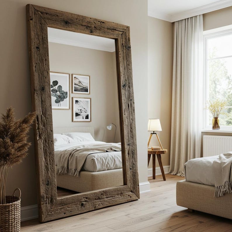Reclaimed Wood Wall Mirror for Bedroom Mirror Large Rustic Wood Mirror Full Length Floor Mirror Bedroom Wall Decor Farmhouse Mirror image 1