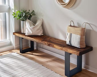 Handcrafted Entryway Bench Custom Rustic Wood Bench for Entryway Black Metal Leg Bench Farmhouse Bench Reclaimed Wood Bench Live Edge