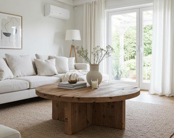 Reclaimed Wood Round Coffee Table Round Rustic Round Wood Coffee Table for Living Room, Live Edge Coffee Table Low Round Wabi Sabi Furniture
