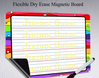 May include: A colorful, magnetic tracing board for kids with the name "James Quinn" printed in yellow. The board has a rainbow border and includes a dry-erase marker. The text "Custom Name Tracing Board for Kids" is at the top.