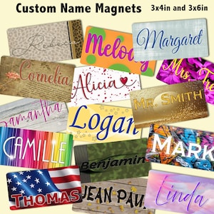 May include: A collection of rectangular custom name magnets in various designs. The magnets feature names like "Rebecca," "Melody," and "Margaret" in different fonts and colors. Some magnets have patterned backgrounds, and the text "Custom Name Magnets" is at the top.