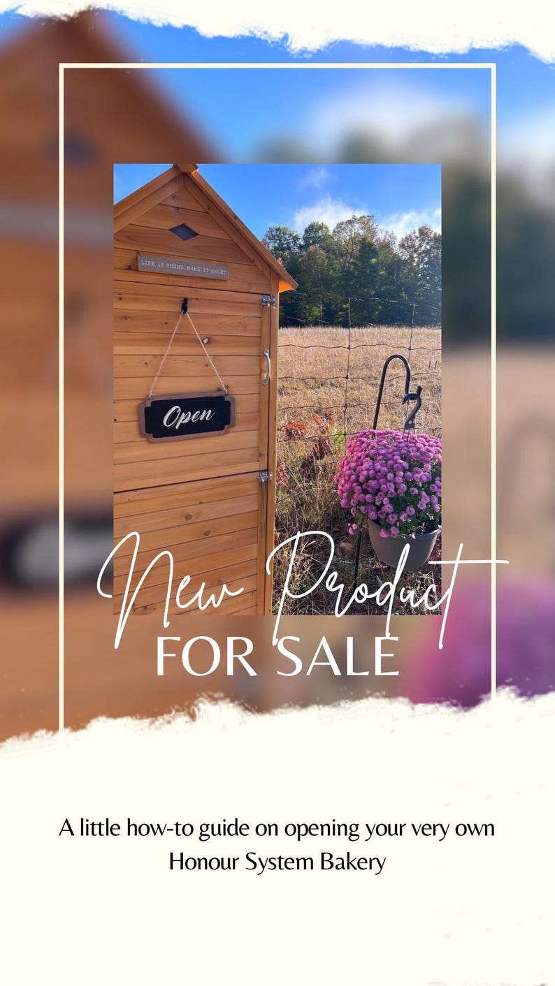 May include: A wooden structure with a sign that says "Open" hanging on the door. The structure is labeled "New Product For Sale" and is described as a "Honour System Bakery".