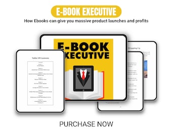 Peut inclure: Une couverture de livre numérique avec un fond jaune et le titre "E-BOOK EXECUTIVE" en texte noir. La couverture présente une image de dessin animé d'un livre avec un costume et une cravate sur l'écran d'une tablette. Le texte "How Ebooks can give you massive product launches and profits" est affiché au-dessus de la couverture.