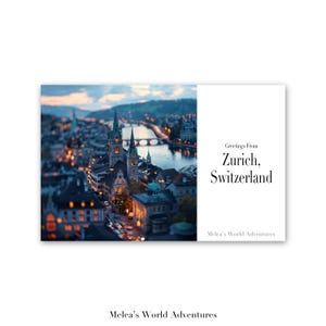 Carte postale numérique de Zurich, Suisse, voyage en Europe, photographie de voyage, salutations de paysage urbain, carte postale téléchargeable, conception assistée par IA-01