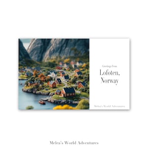 Carte postale numérique des Lofoten, Norvège, voyage du monde, Europe, photographie de voyage, salutations de paysage urbain, conception assistée par IA téléchargeable-03