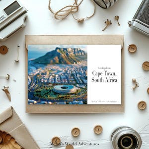 Carte postale numérique du Cap, Afrique du Sud, photographie de voyages dans le monde, salutations de paysage urbain, carte postale téléchargeable, conception assistée par IA-01